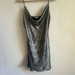 Miss Selfridge Liquid Silver Metallic Cowl Neck Mini Slip Dress - Size 8